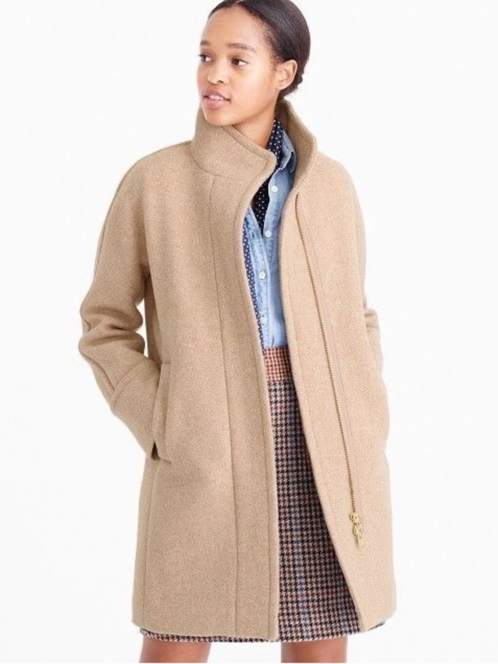 J. WCrew City Coat Camel Size 12 Petite Wool-Blend Stand Collar Business Casual